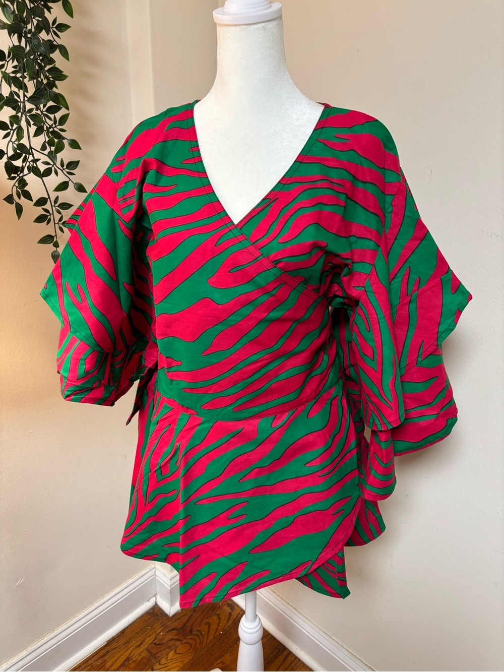 Bold Pink & Green Wrap-Style Women’s Top